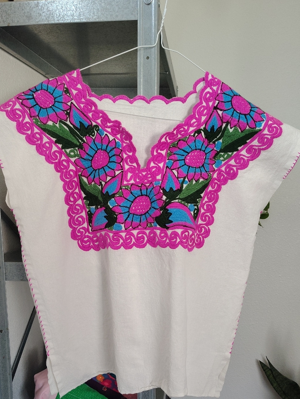 Embroidered Mexican Peasant Top - White with Hot Pink & Turquoise Floral Yoke